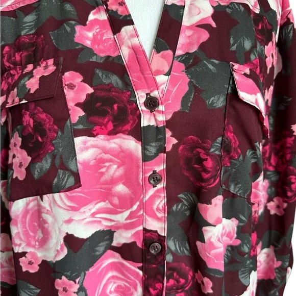 New York & Company Floral Pink Burgundy Roll Tab Sleeve Floral Button Down XL - Picture 7 of 17
